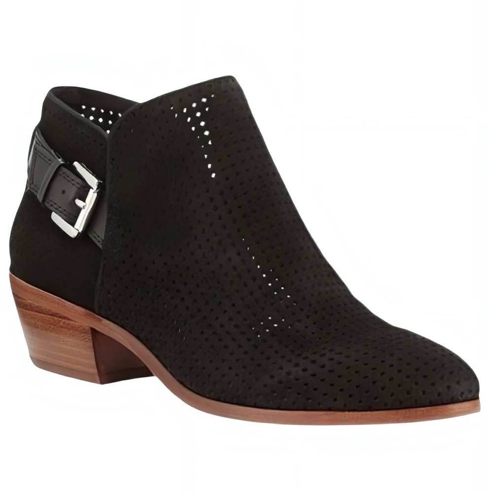 Sam Edelman Paula Black Suede Perforated Western Low Block Heel Ankle Boots Sz 8